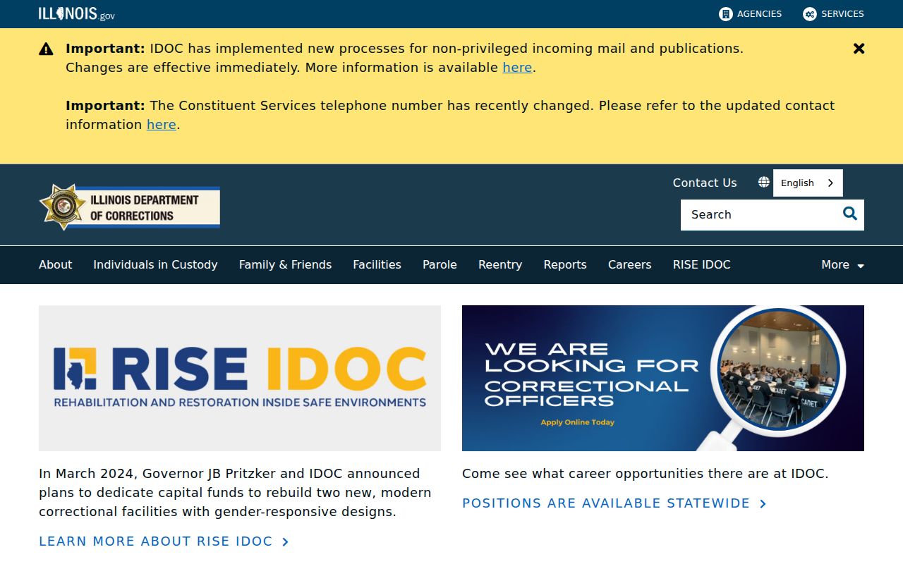 Illinois Department of Corrections official custody services page
