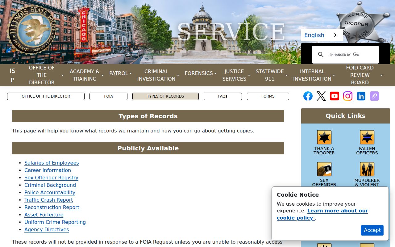 Illinois State Police list of online and FOIA record channels
