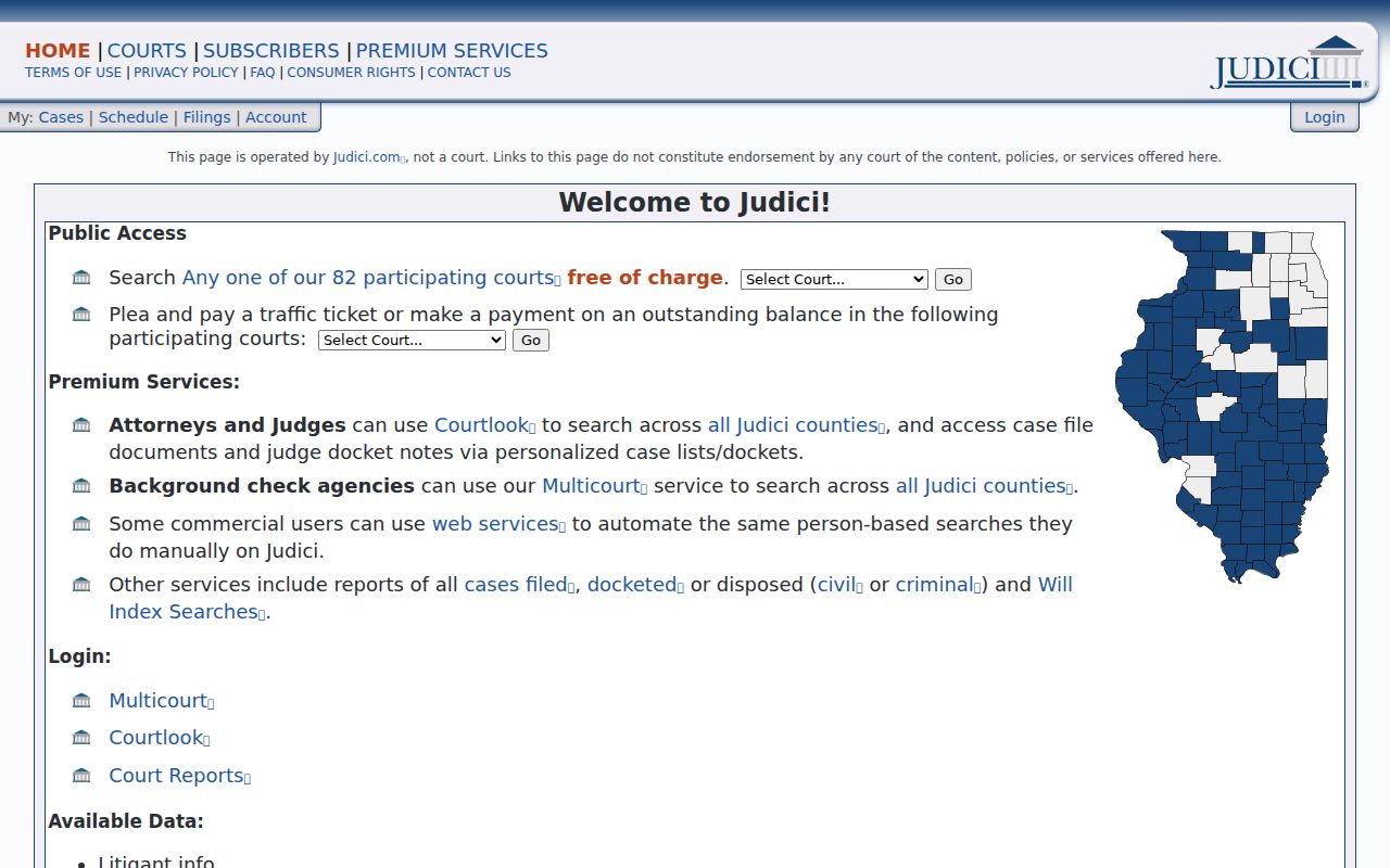 Judici public court search landing page used for Edgar County cases