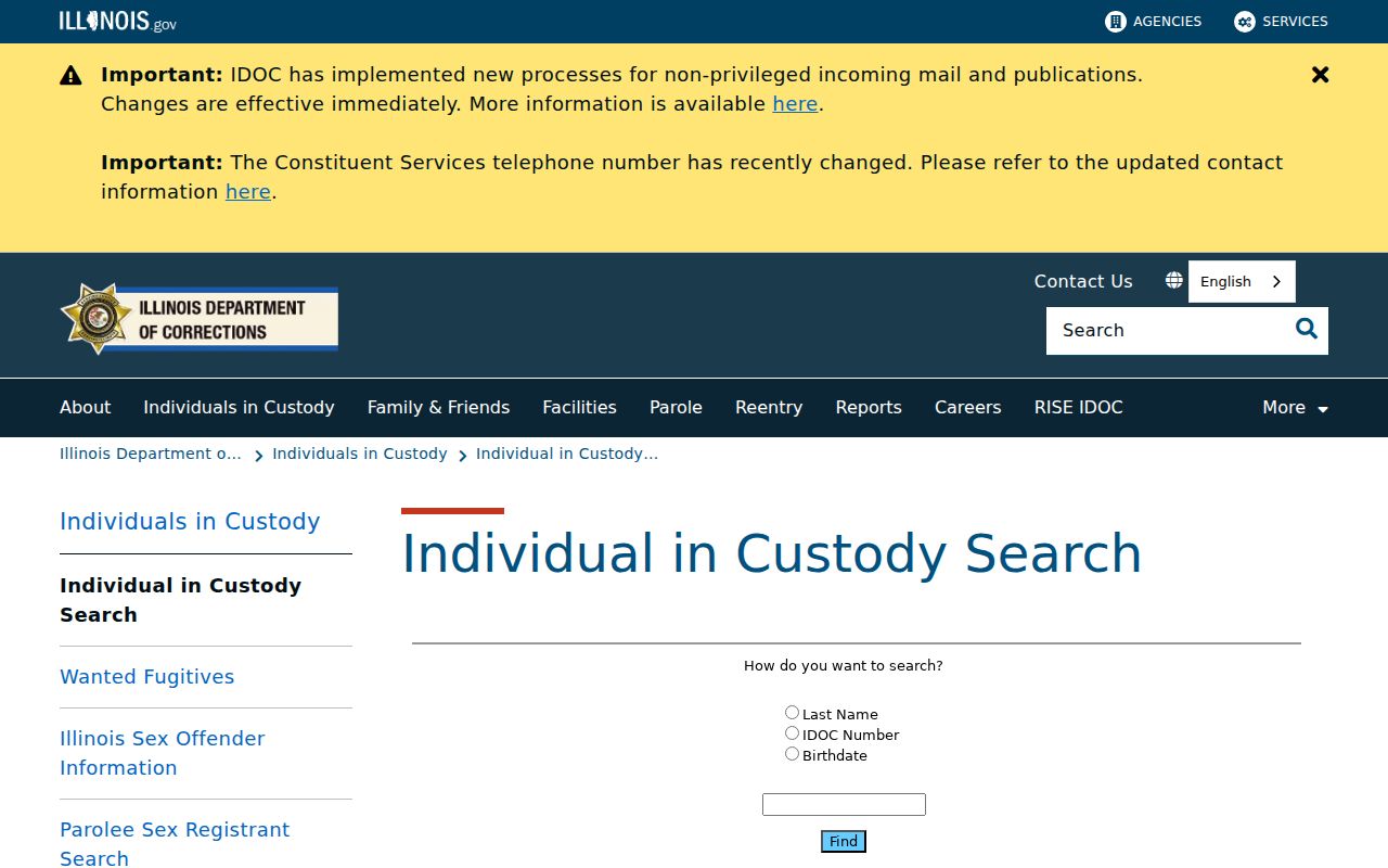 Illinois Department of Corrections custody search